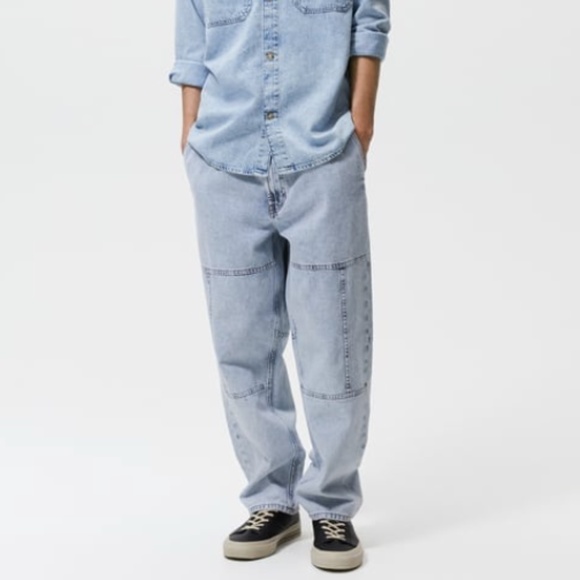 Zara light blue belted denim loose relaxed jeans pants made in Europe NWT - Picture 1 of 11